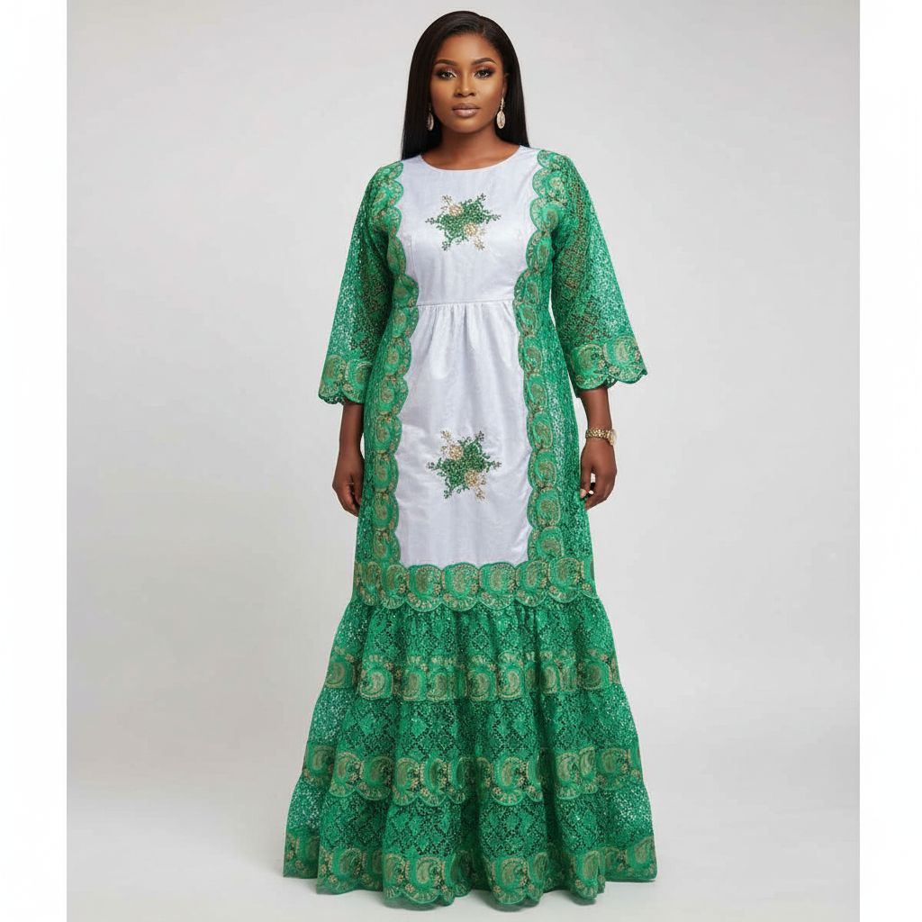 Robe Geztner femme grise et verte dorée, longue élégante dentelle cérémonie