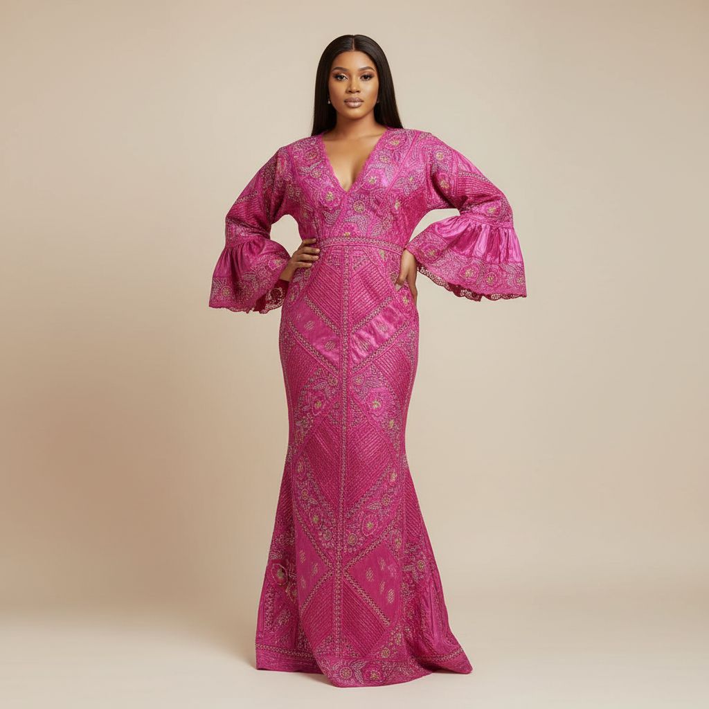 Robe rose longue brodée, élégante soirée et mariage femme