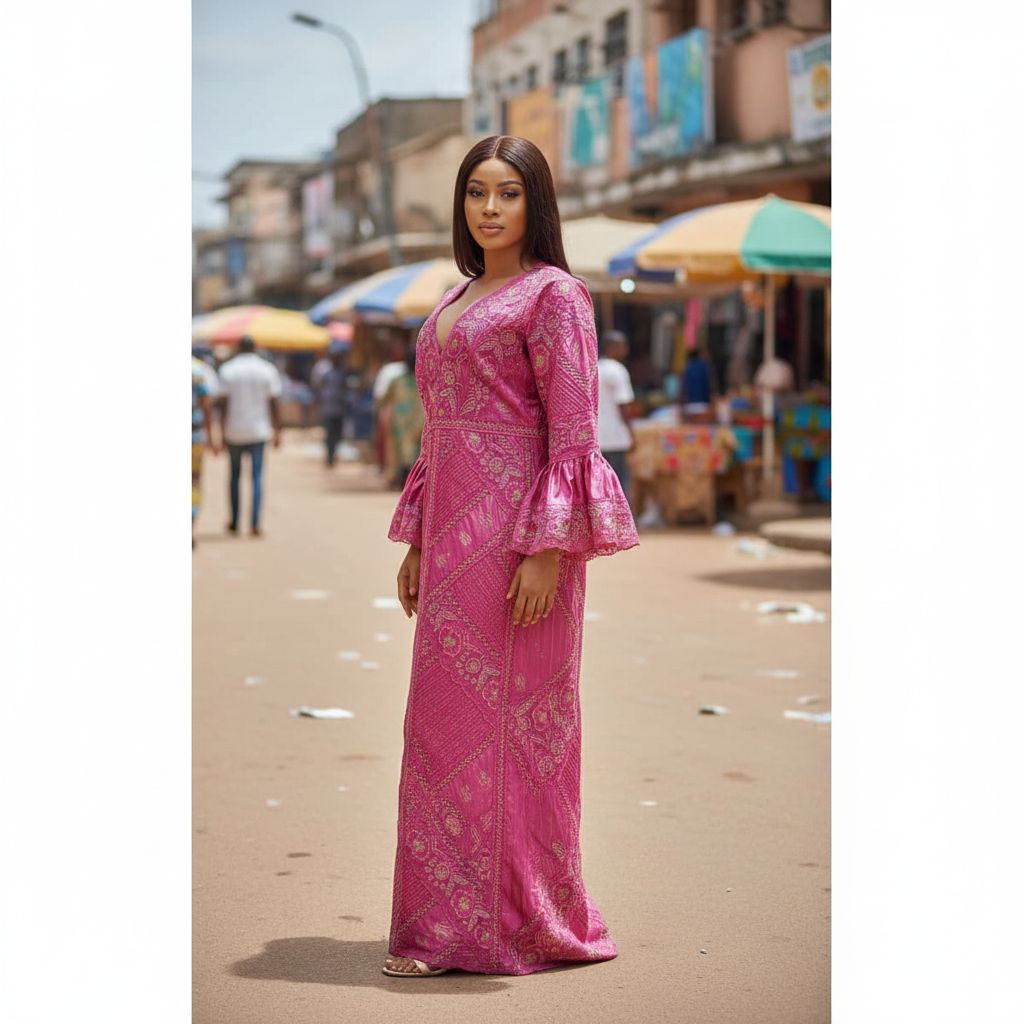 Robe rose longue brodée, élégante soirée et mariage femme