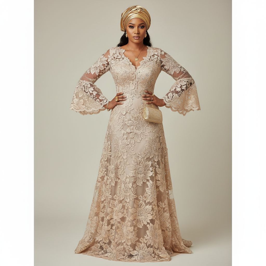 Robe guipure beige mariage longue