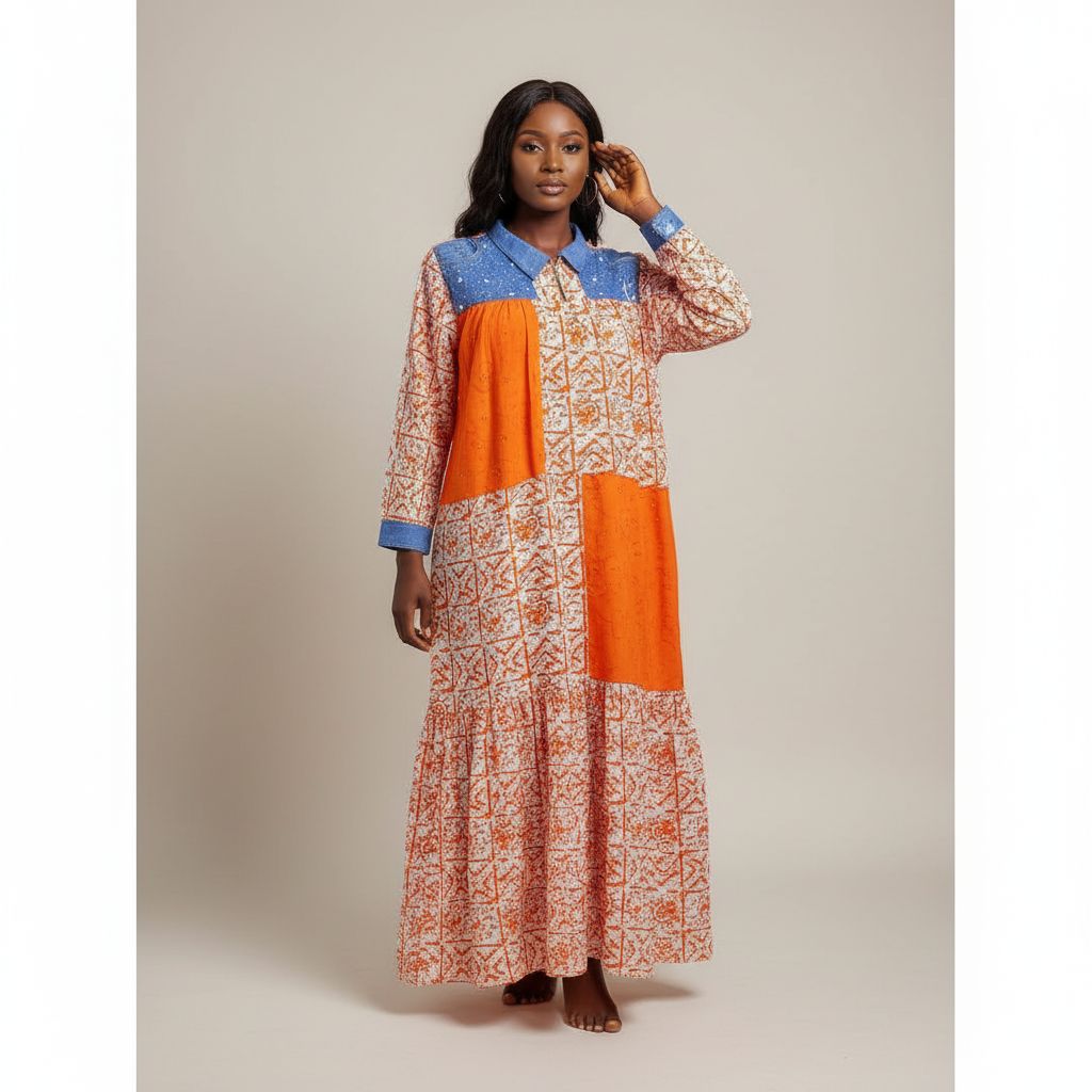 Robe jeans femme coton orange brodée, longue bohème et confortable