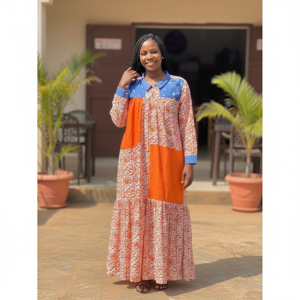 Robe jeans femme coton orange brodée, longue bohème et confortable