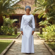 Robe longue blanche femme élégante en coton lin, ceinture et foulard assorti