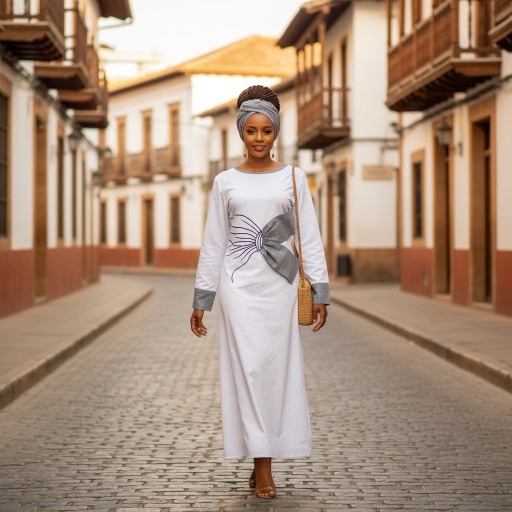 Robe longue blanche femme élégante en coton lin, ceinture et foulard assorti