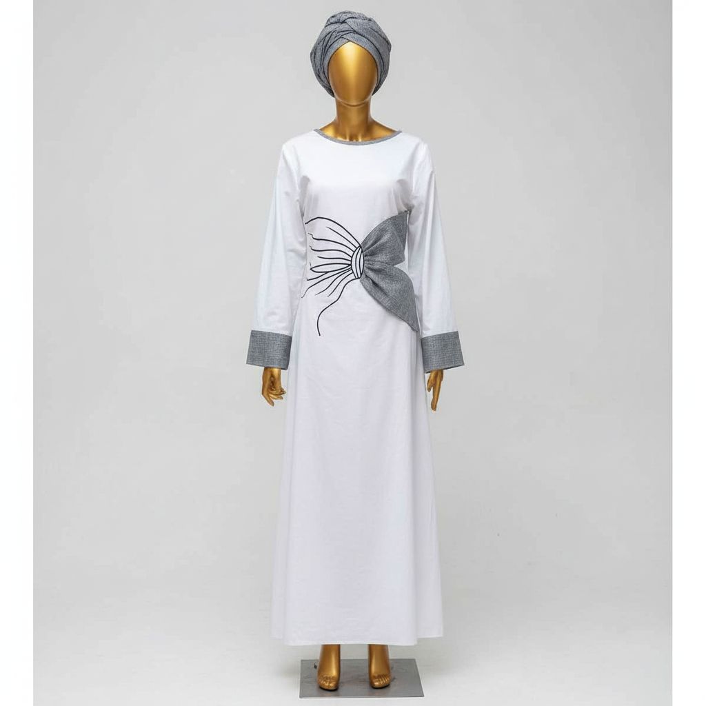 Robe longue blanche femme élégante en coton lin, ceinture et foulard assorti