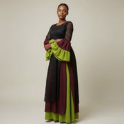 Robe longue dentelle femme élégante et jupe crèpon, noir rouge vert