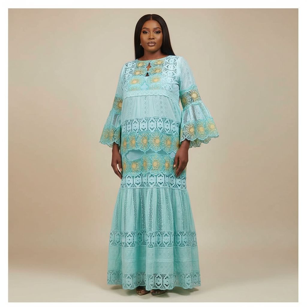 Robe longue dentelle femme brodée florale élégante manches longues multicolore