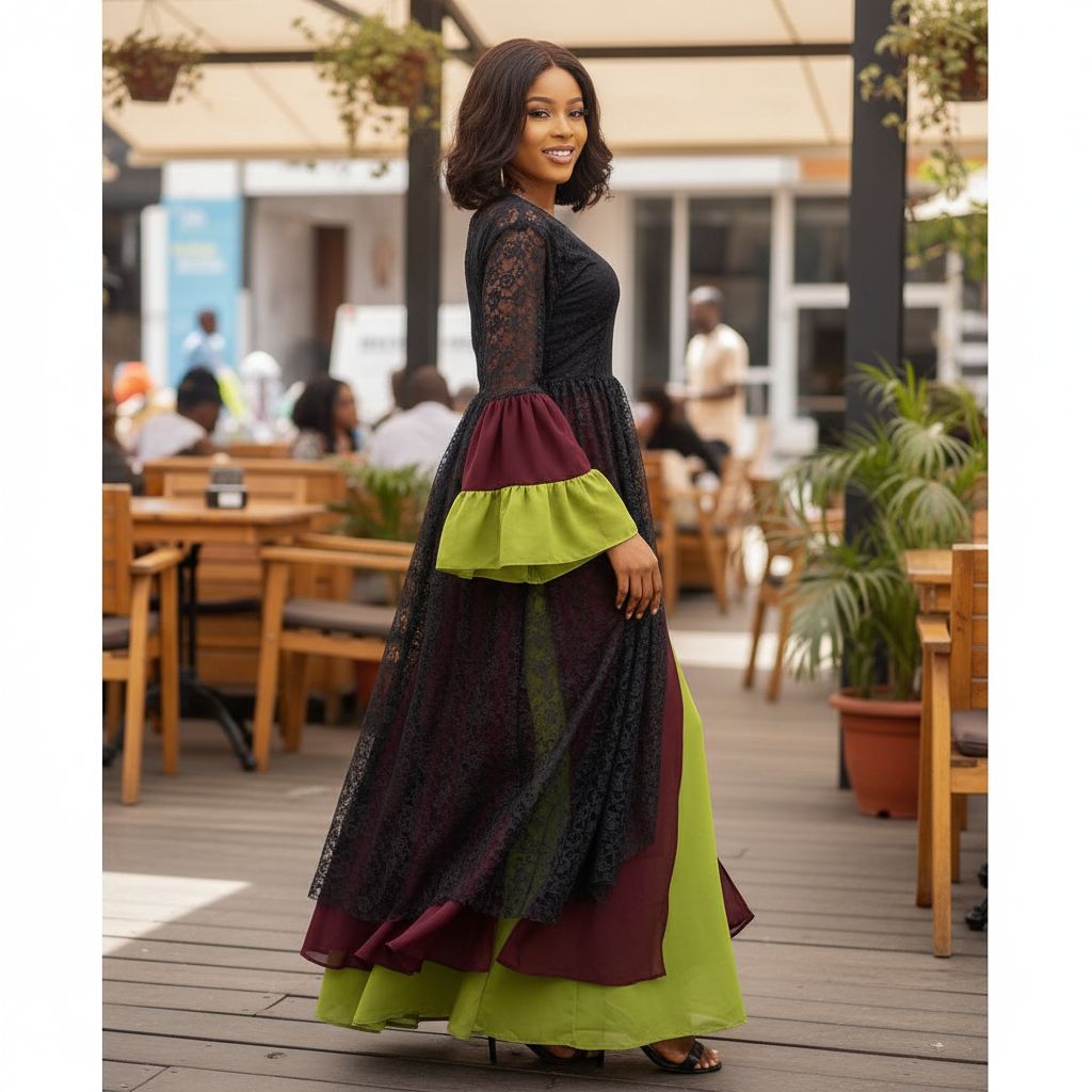 Robe longue dentelle femme élégante et jupe crèpon, noir rouge vert