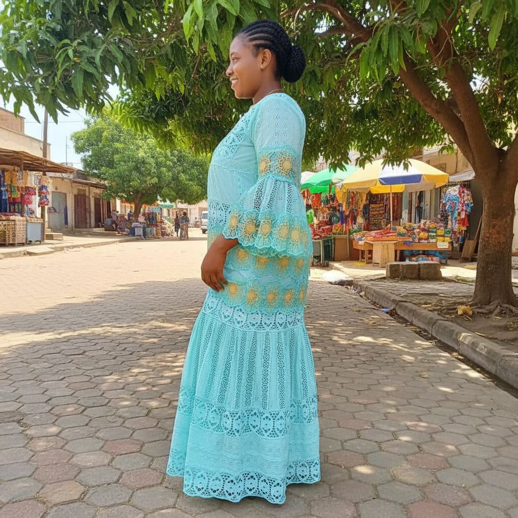 Robe longue dentelle femme brodée florale élégante manches longues multicolore