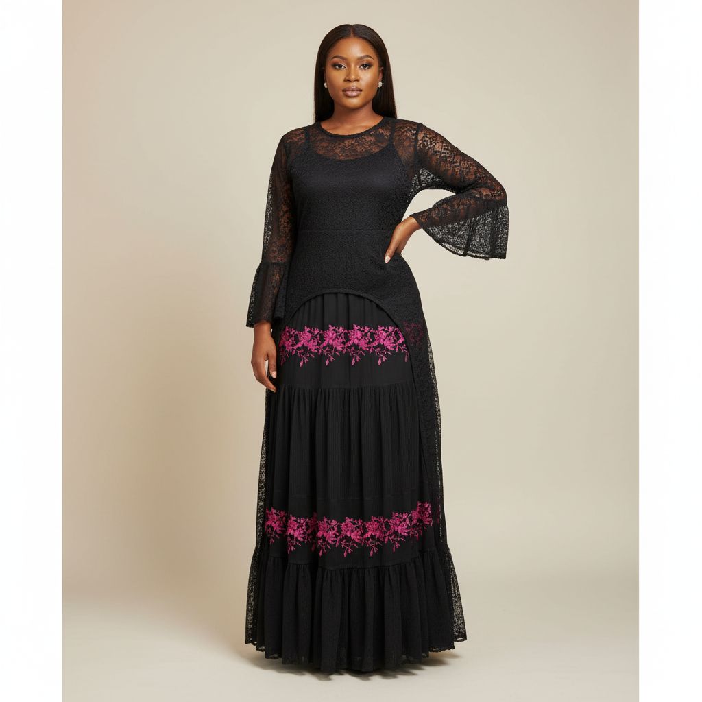 Robe longue dentelle noire femme élégante, broderies florales et manches longues