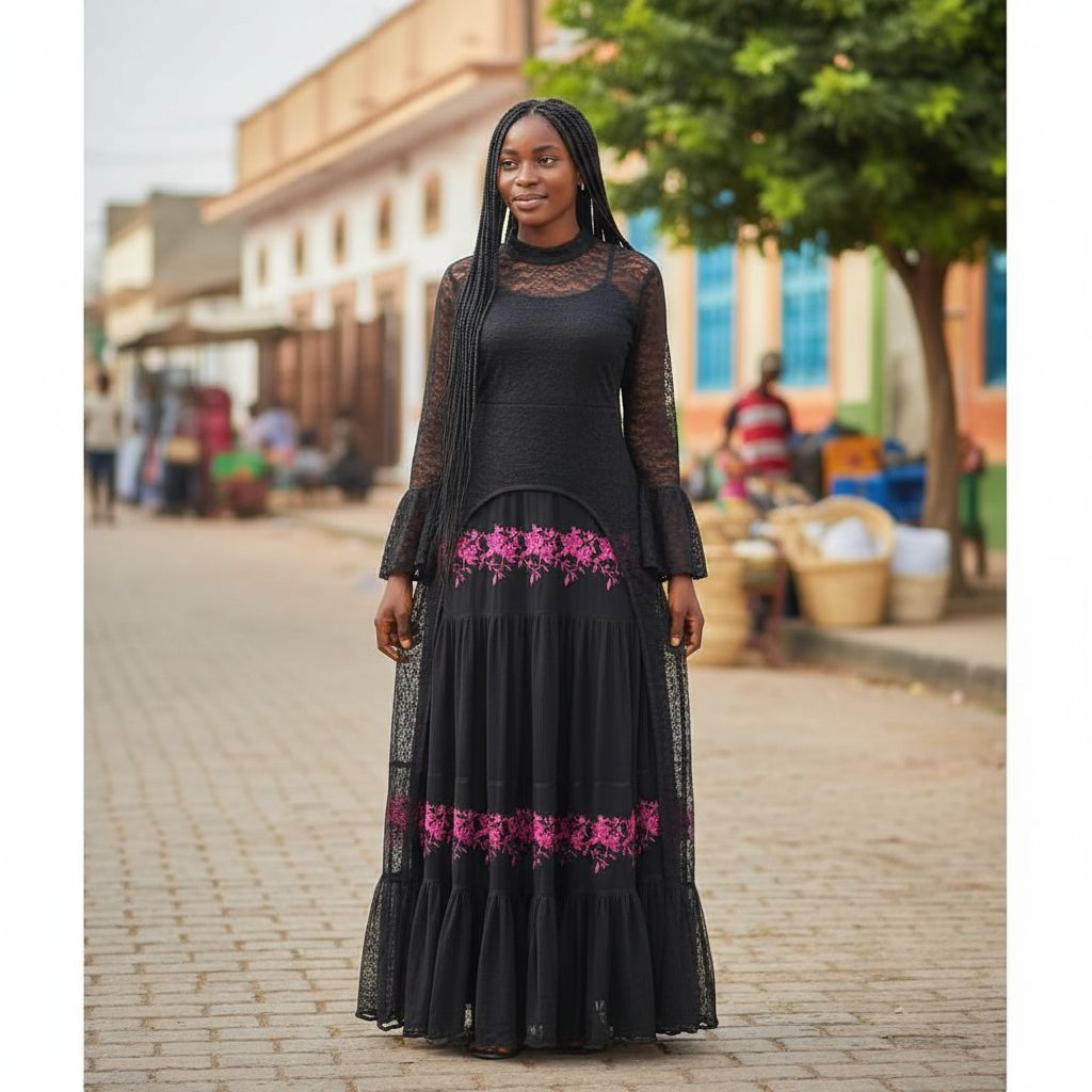 Robe longue dentelle noire femme élégante, broderies florales et manches longues
