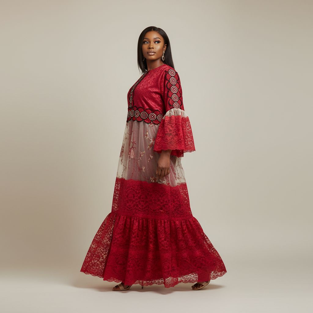Robe Longue Rouge en Dentelle Brodée pour Femme