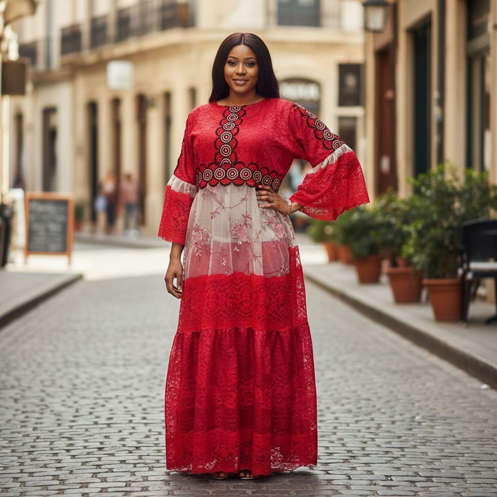Robe Longue Rouge en Dentelle Brodée pour Femme