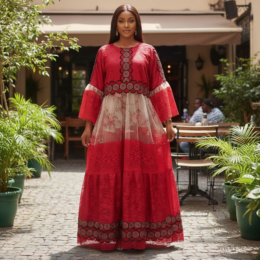 Robe Longue Rouge en Dentelle Brodée pour Femme