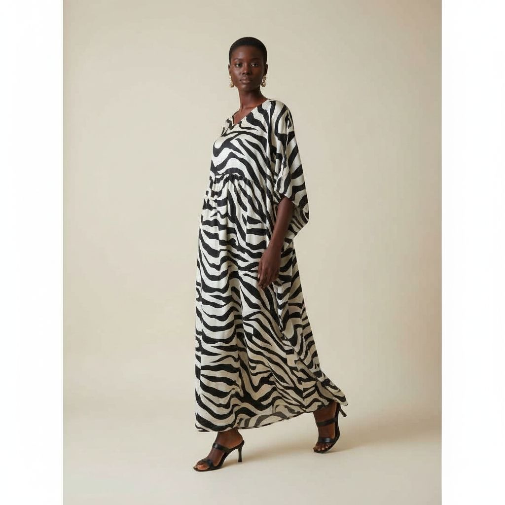 Robe longue en soie femme noire et blanche, élégante motif zèbre chic