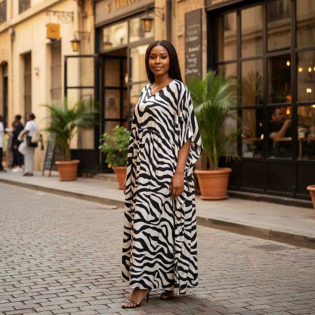 Robe longue en soie femme noire et blanche, élégante motif zèbre chic