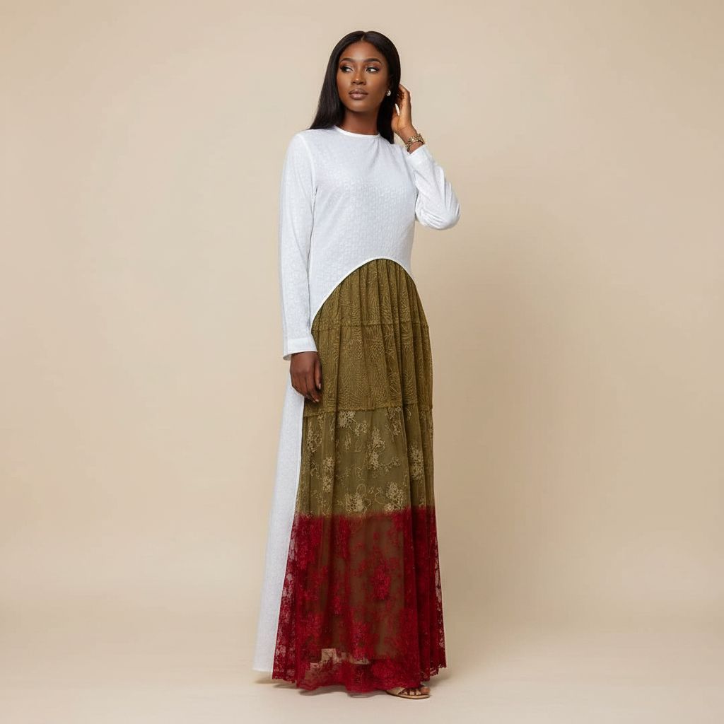 Robe longue femme coton et dentelle élégante, maxi chic cérémonie