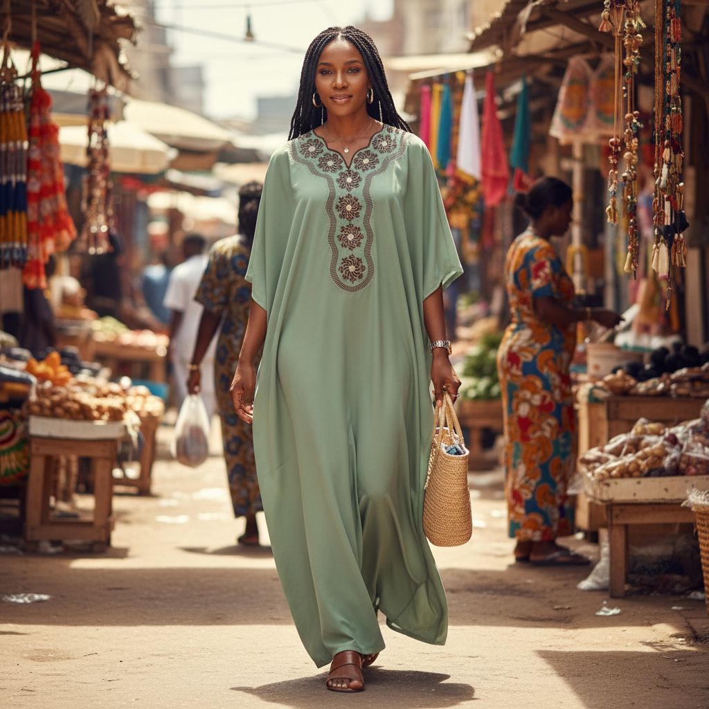 Robe Longue Vert Sauge Coton Suisse - Raffinement Brodé