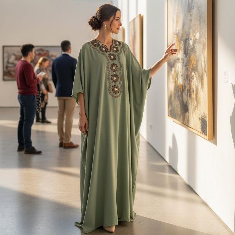 Robe Longue Vert Sauge Coton Suisse - Raffinement Brodé