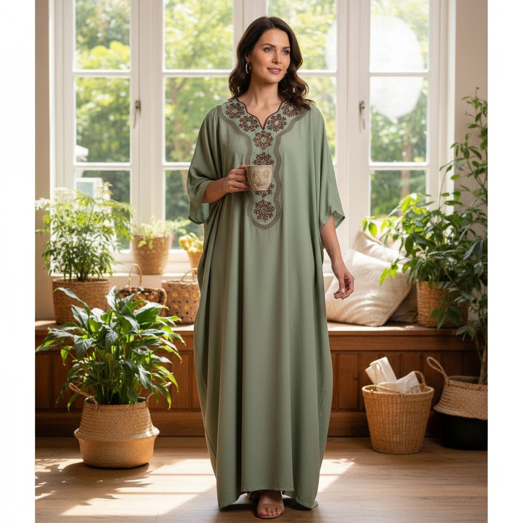 Robe Longue Vert Sauge Coton Suisse - Raffinement Brodé