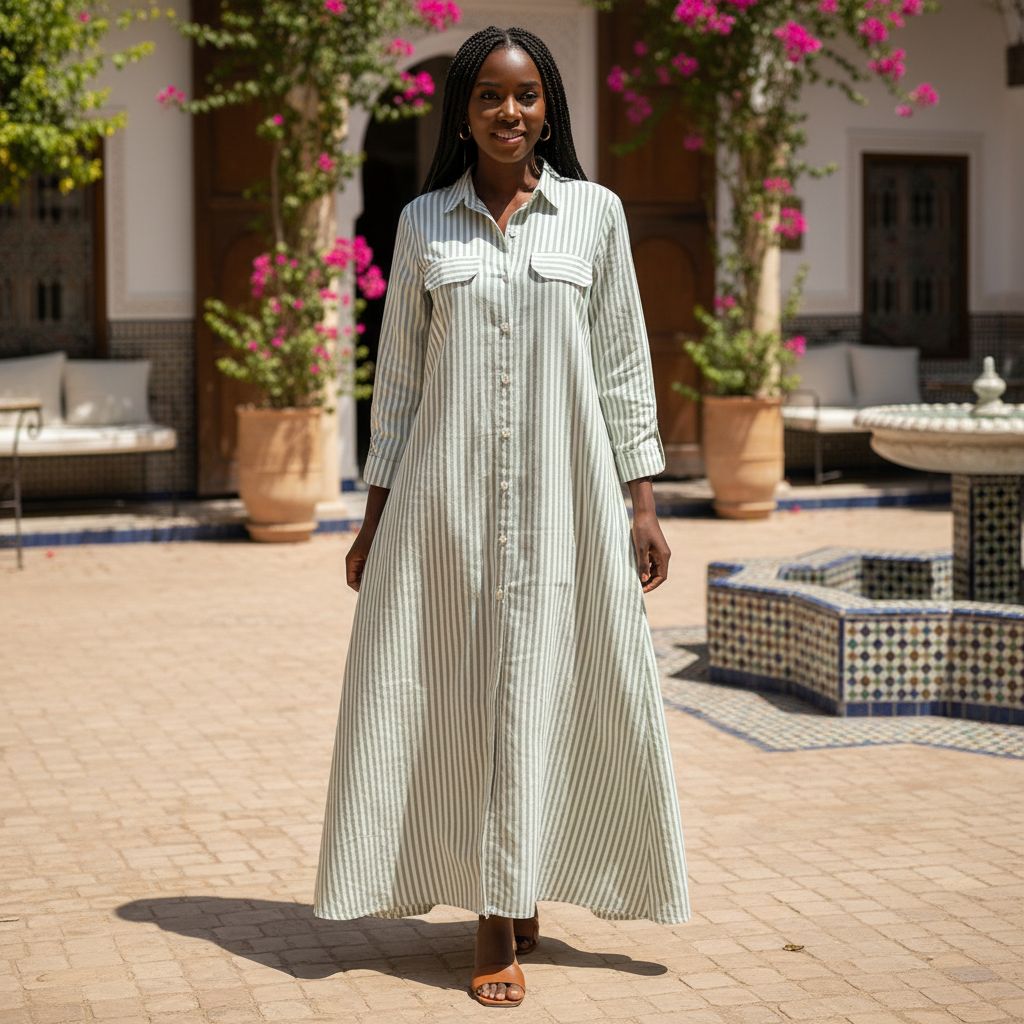 Robe longue femme rayée vert blanc en coton