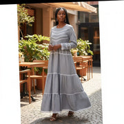 Robe longue en coton lin rayée gris et blanc