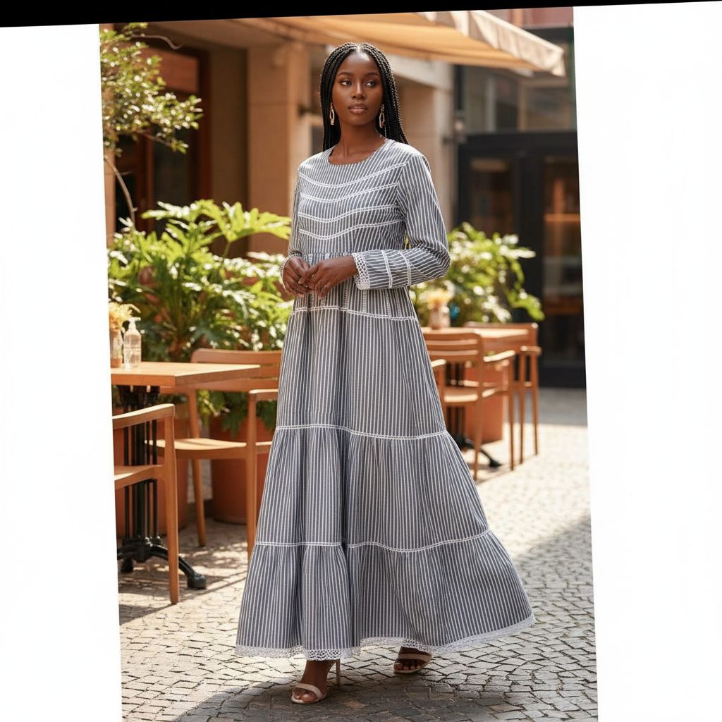 Robe longue en coton lin rayée gris et blanc