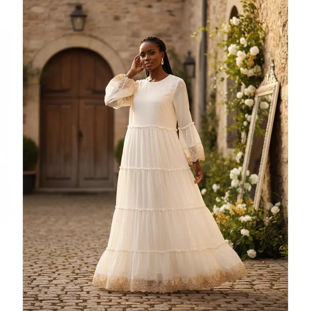 Robe longue femme beige en mousseline et dentelle