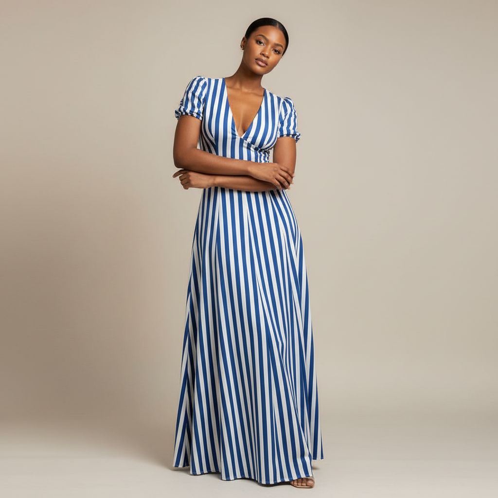 Robe longue femme bleu marine rayée décolleté en V