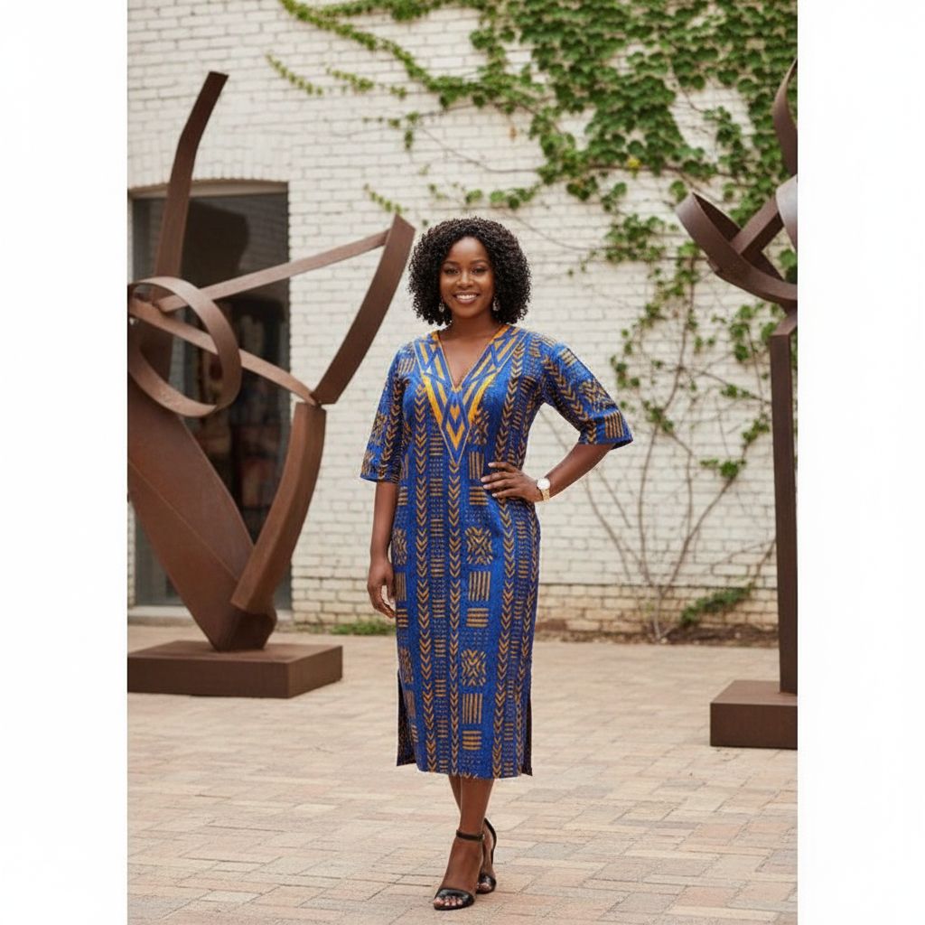 Robe Chic Tribale en Wax Brodé - Élégance et Confort Coton 100%