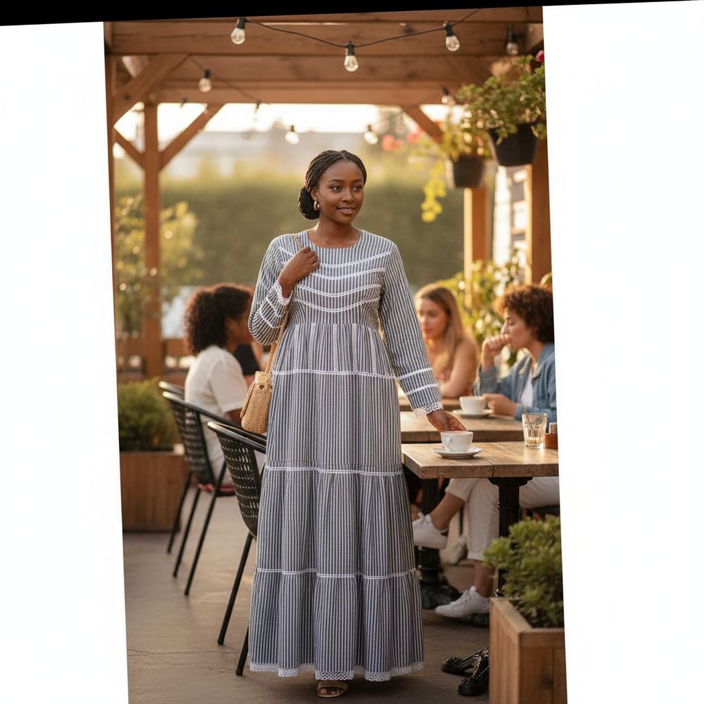 Robe longue en coton lin rayée gris et blanc