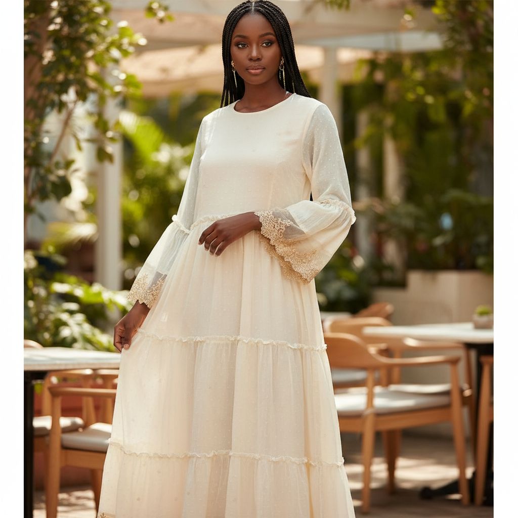 Robe longue femme beige en mousseline et dentelle