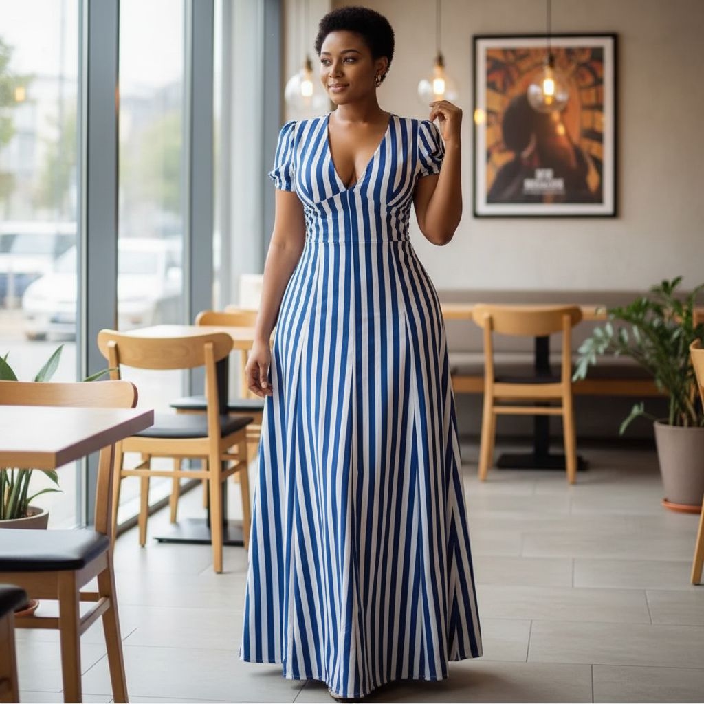 Robe longue femme bleu marine rayée décolleté en V