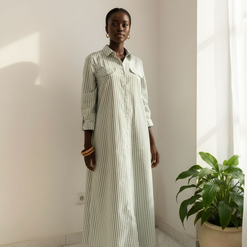 Robe longue femme rayée vert blanc en coton