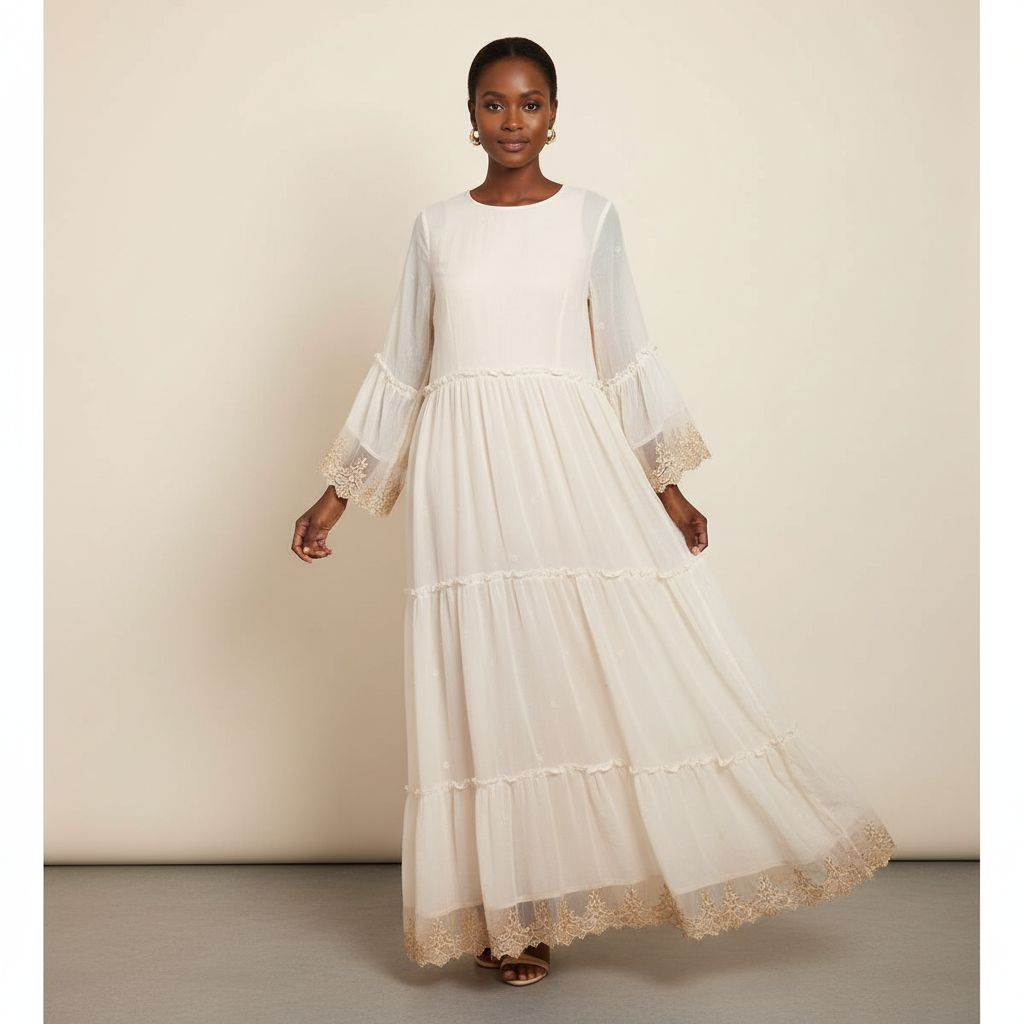 Robe longue femme beige en mousseline et dentelle