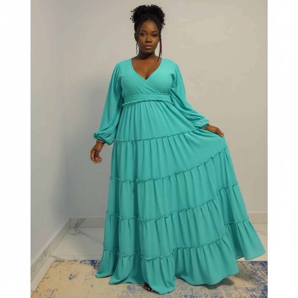Robe longue fluide femme turquoise bohème chic – Élegante, ample et confortable