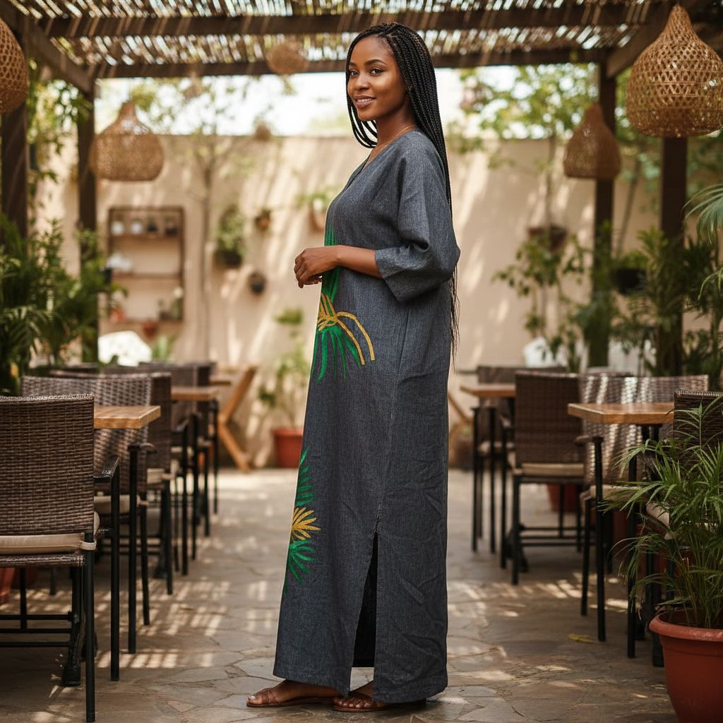 Robe longue lin femme brodée élégante – Idéale été, mariage et soirée
