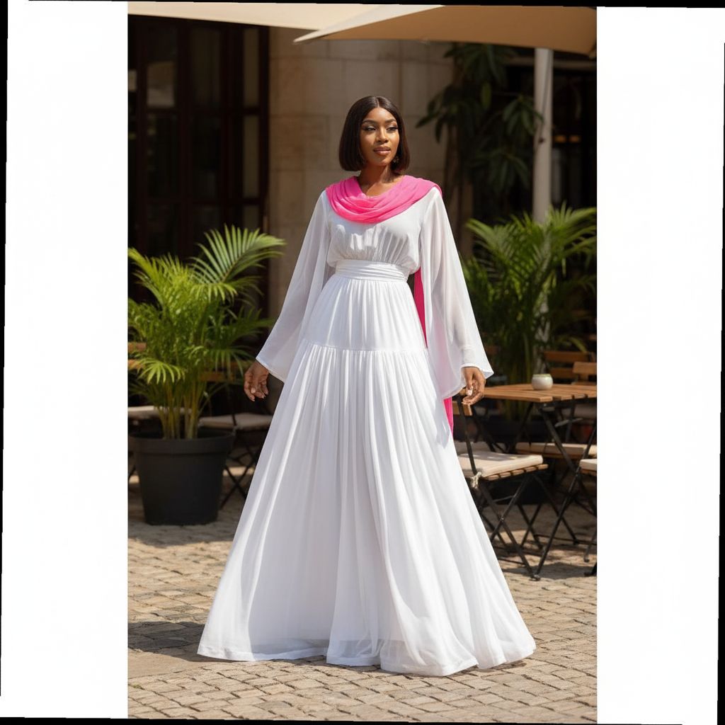 Robe longue mousseline blanche femme avec foulard rose, élégante cérémonie