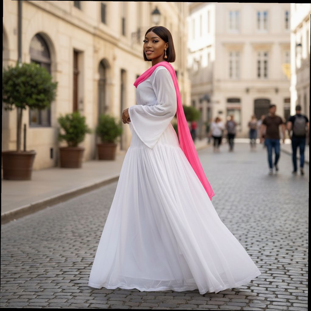 Robe longue mousseline blanche femme avec foulard rose, élégante cérémonie
