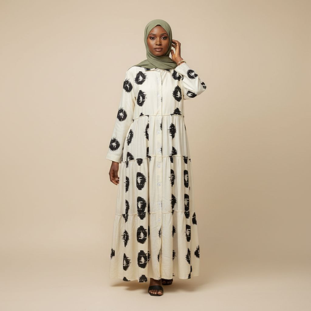 Robe longue noire et blanche femme tachetée, ample bohème chic élégante