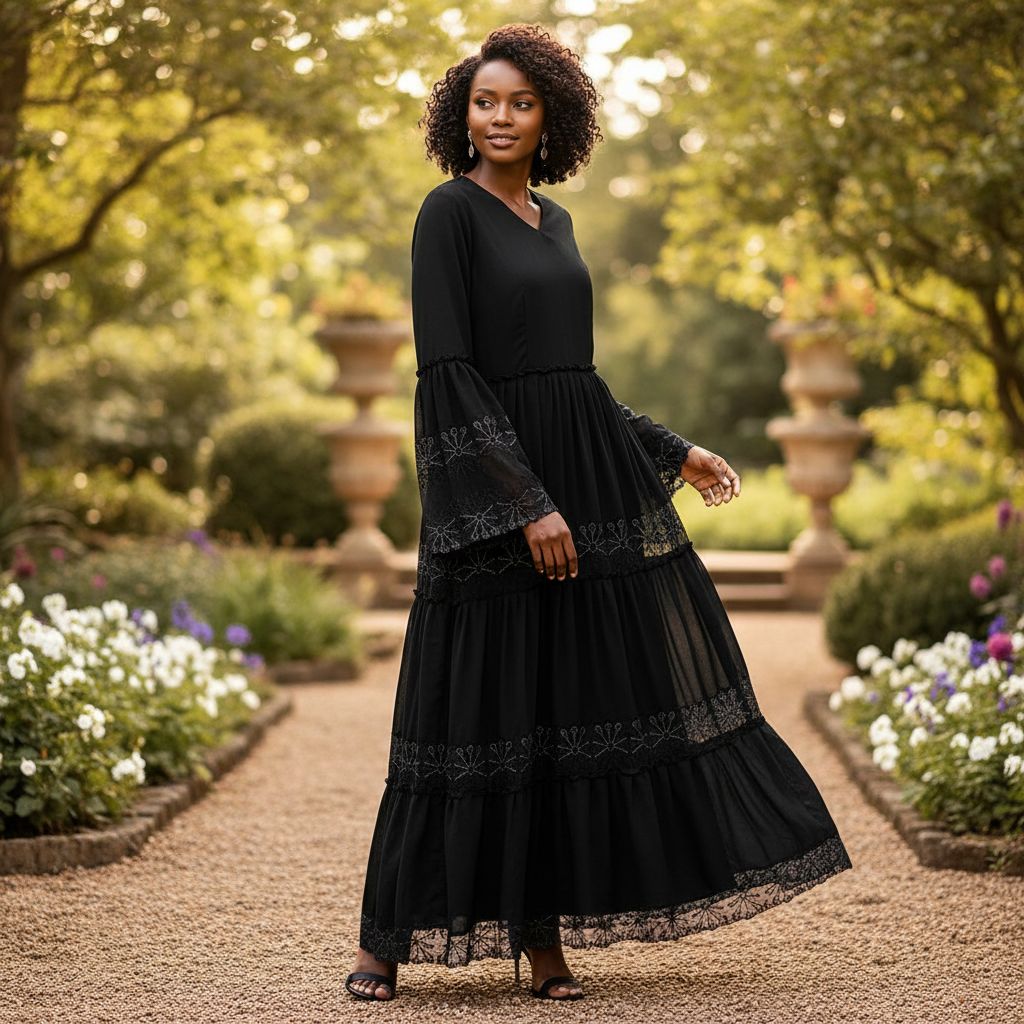 Robe longue noire femme élégante en dentelle, chic soirée et cérémonie