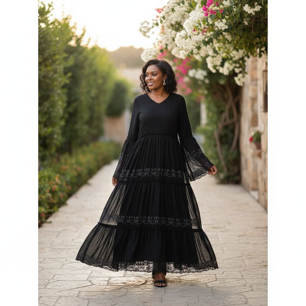 Robe longue noire femme élégante en dentelle, chic soirée et cérémonie