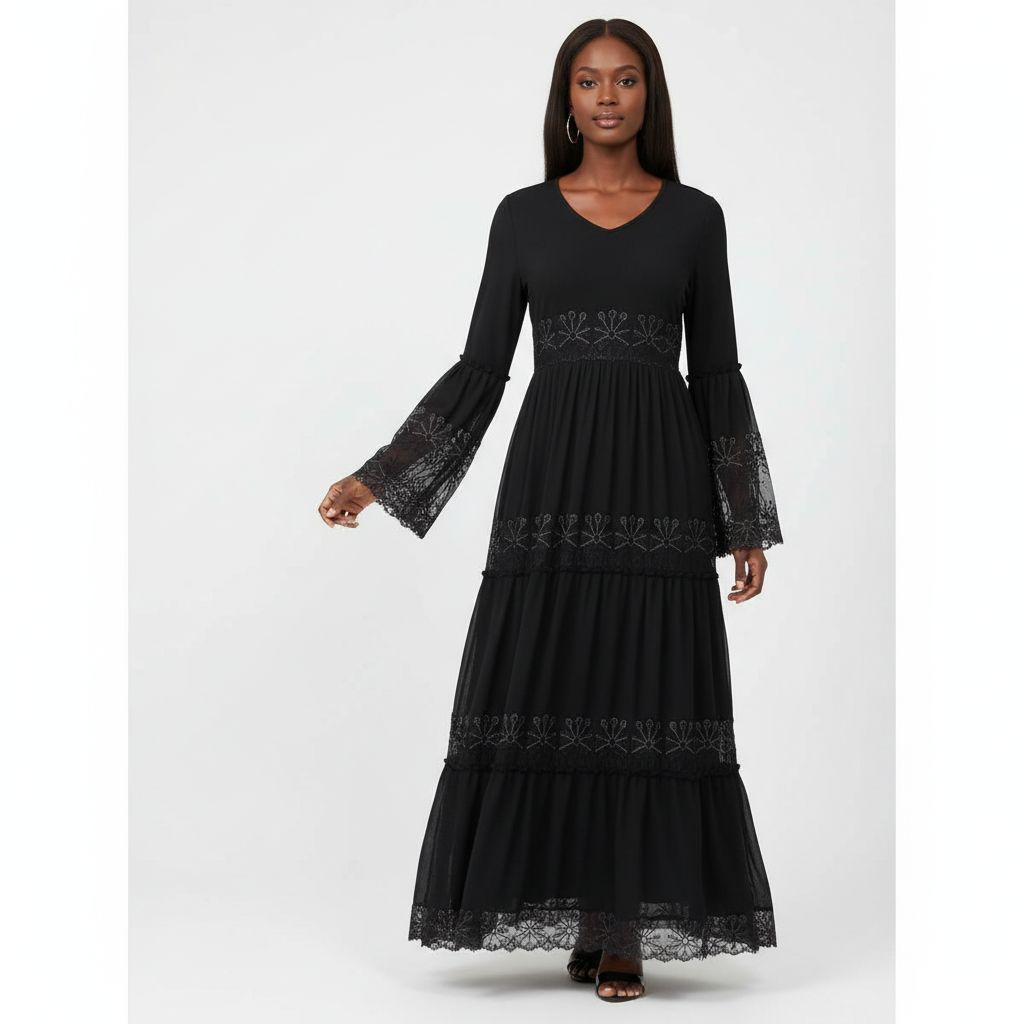 Robe longue noire femme élégante en dentelle, chic soirée et cérémonie