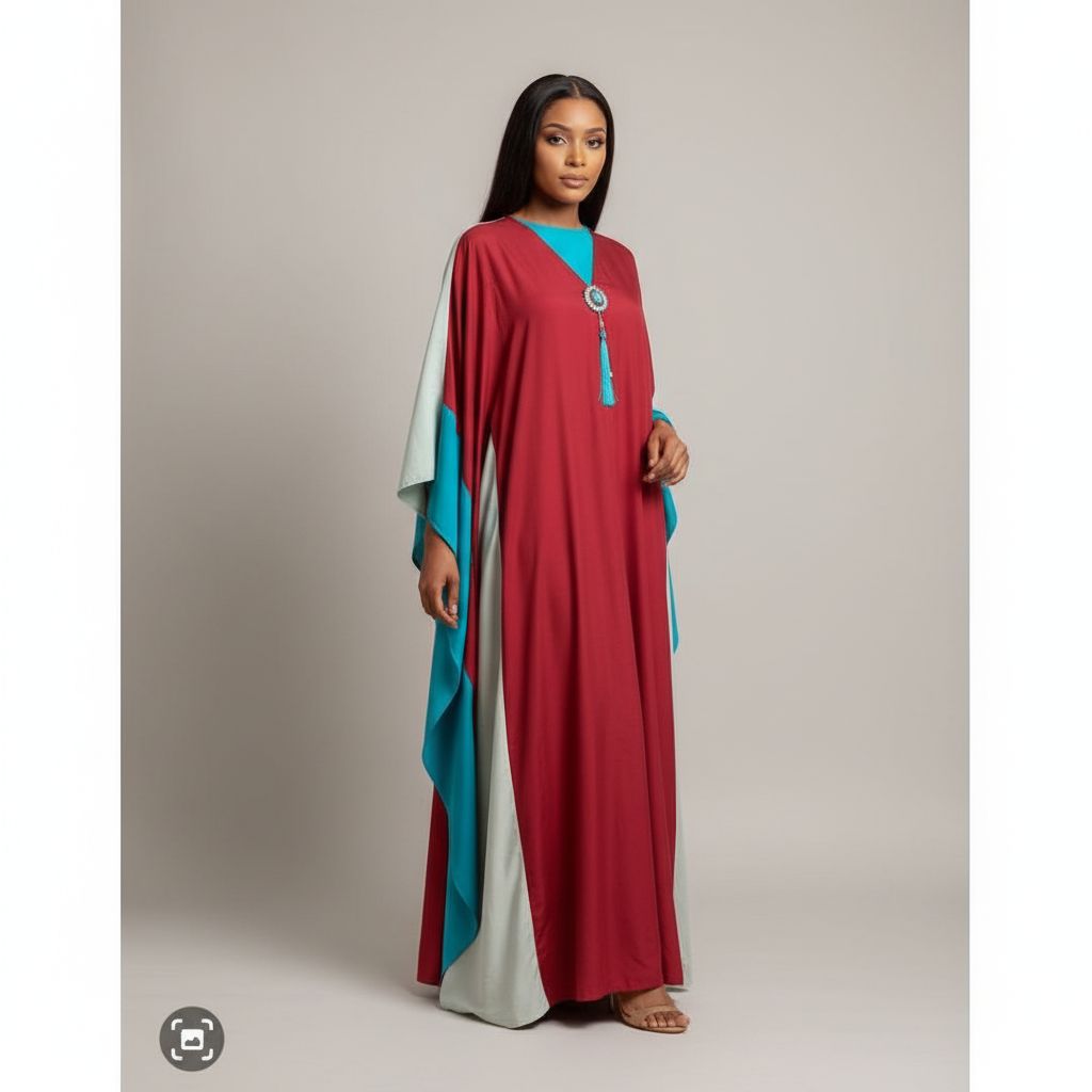 Robe longue rouge et turquoise élégante femme, fluide satiné, cérémonie