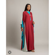Robe longue rouge et turquoise élégante femme, fluide satiné, cérémonie