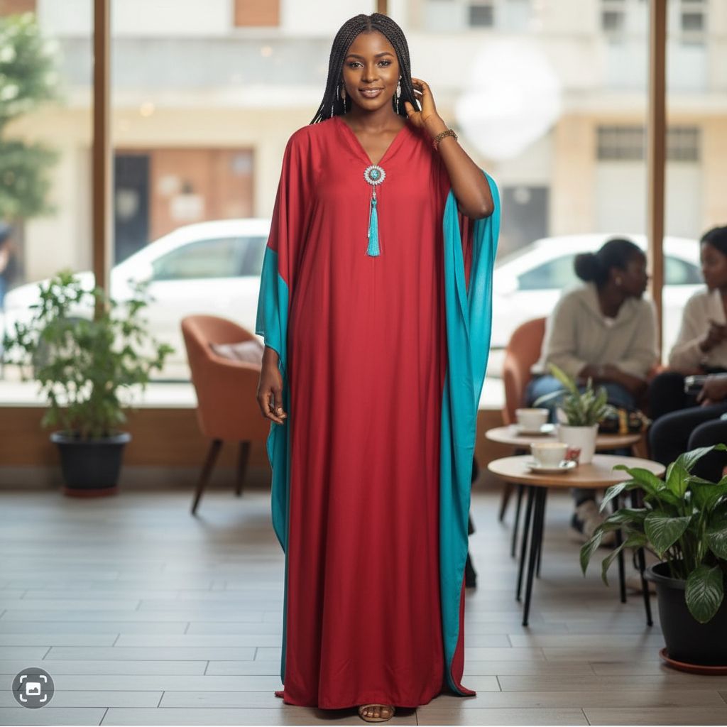 Robe longue rouge et turquoise élégante femme, fluide satiné, cérémonie