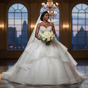 Robe mariage princesse blanche bustier bardot strass perles tulle satin