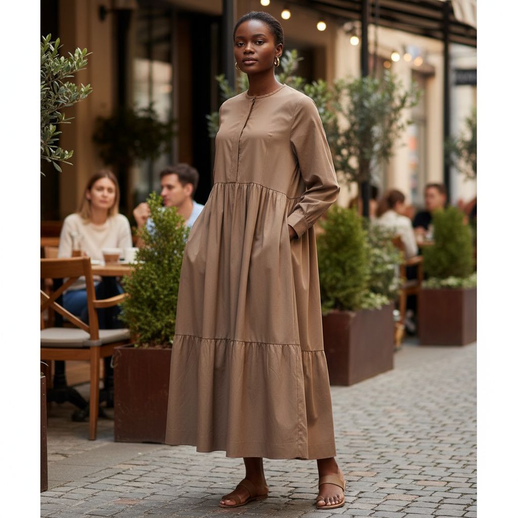 Robe marron femme longue élégante, fluide coton, chic automne hiver
