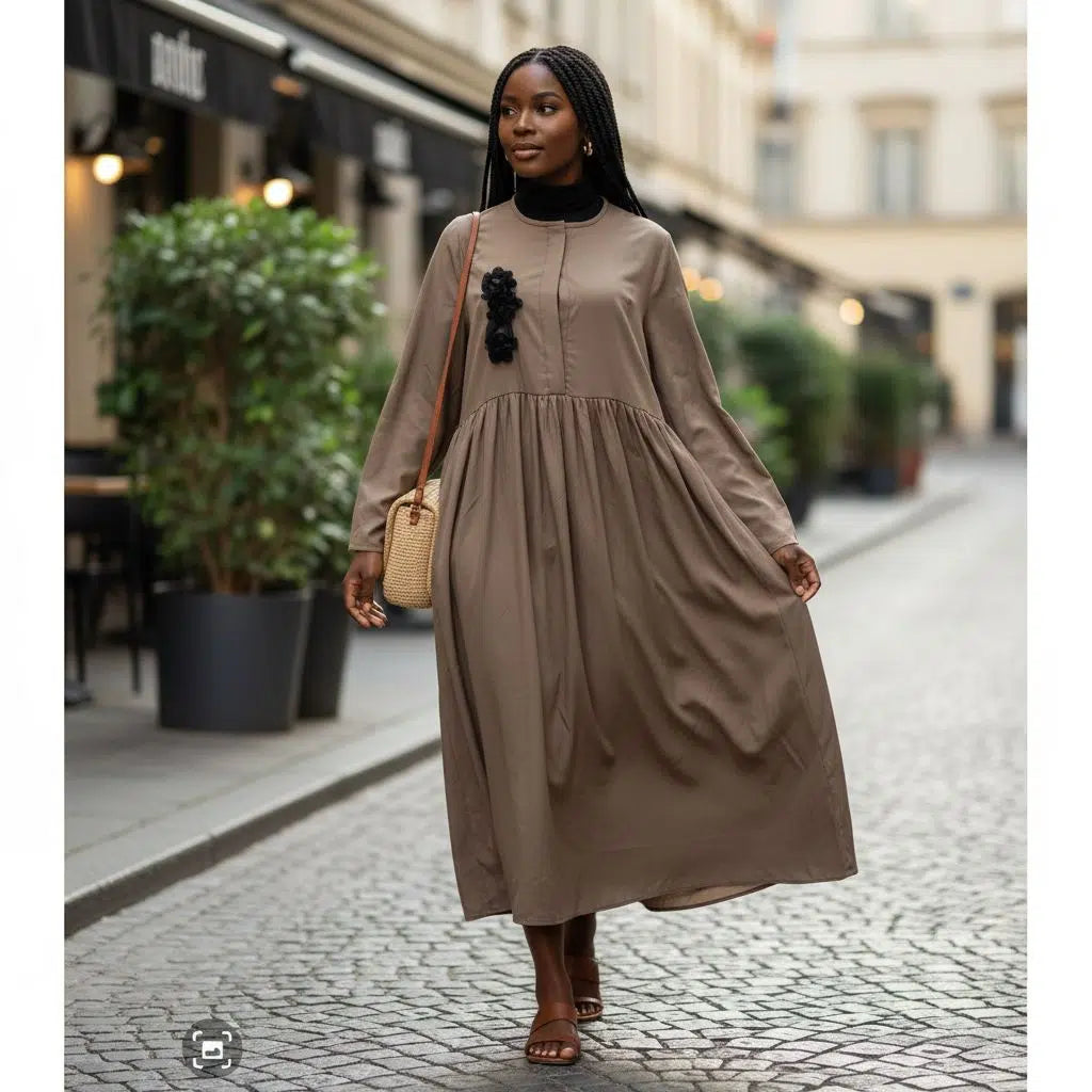 Robe marron femme longue élégante, fluide coton, chic automne hiver