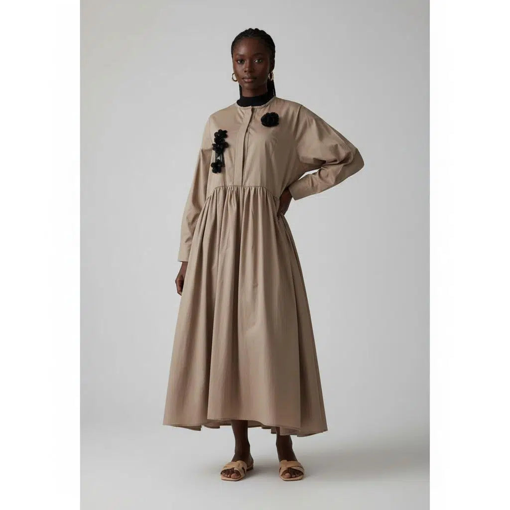 Robe marron femme longue élégante, fluide coton, chic automne hiver